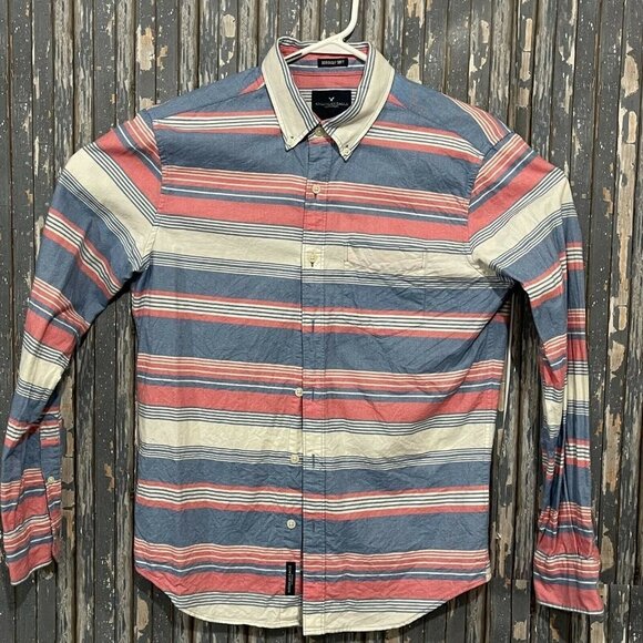 American Eagle Seriously Soft Long Sleeve Button Up Striped Cotton Mens Small - Picture 1 of 6